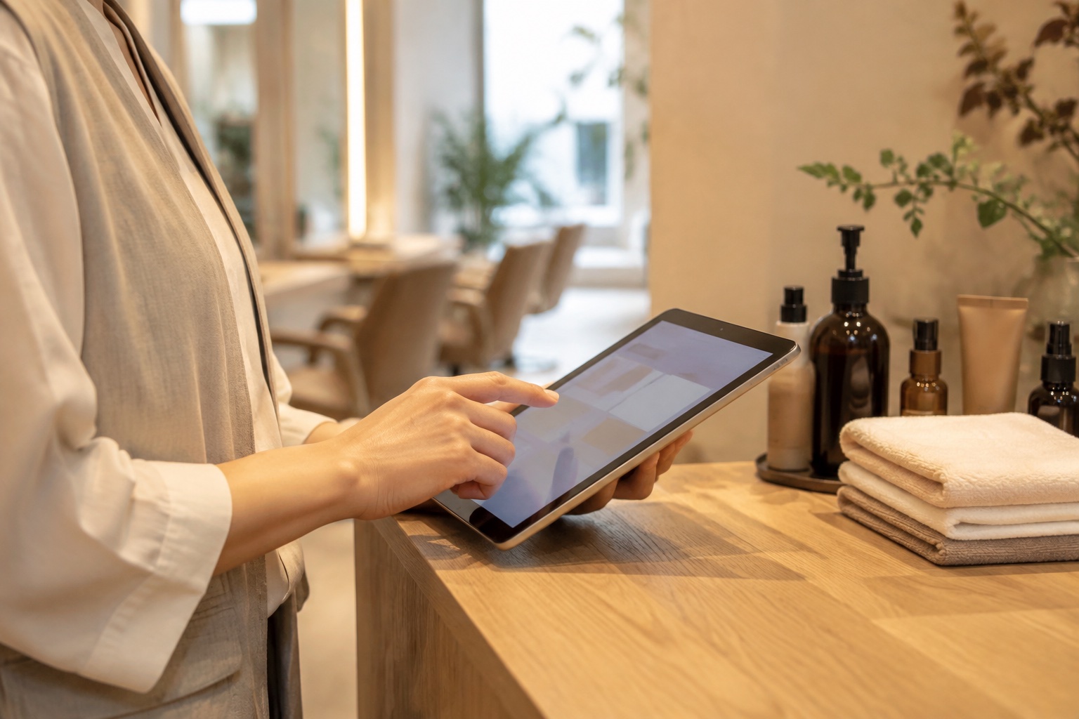 サロン受付でタブレットを使って店舗管理を行うイメージ