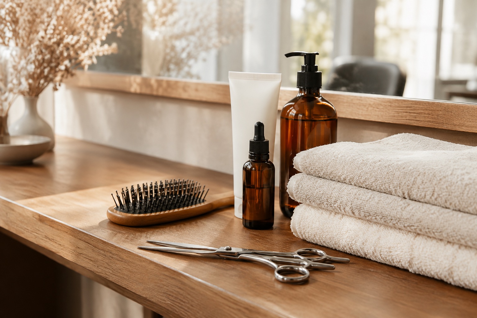 こだわりのヘアケア用品とタオルのイメージ